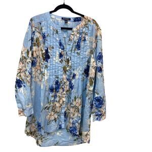 ROAMAN'S Plus Size 20 Cotton Blue Floral Roll-Tab Button Front Sleeve Tunic Top